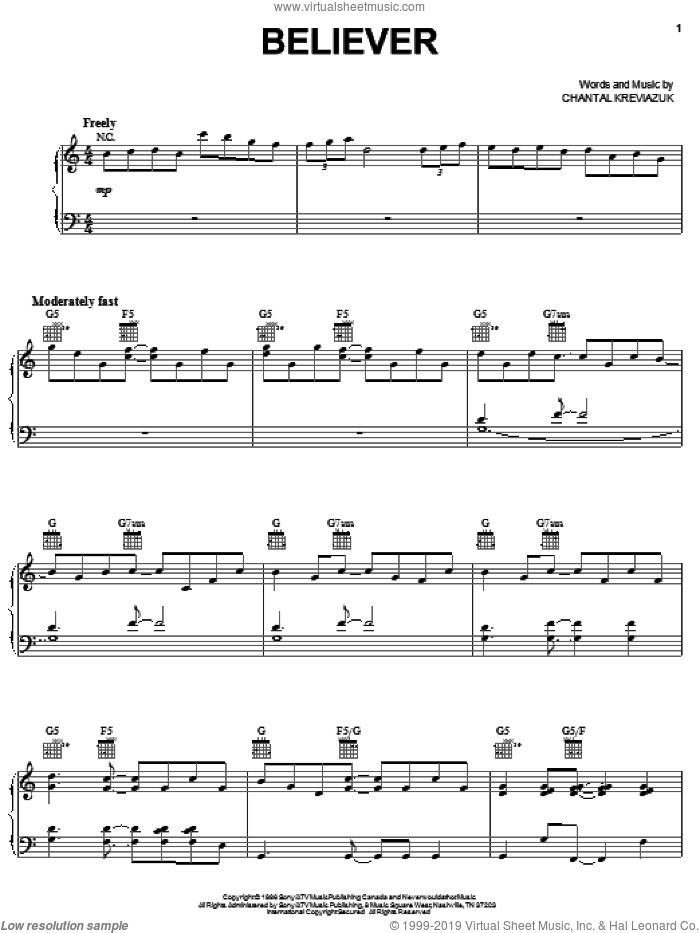 Believer sheet music for voice, piano or guitar by Chantal Kreviazuk, intermediate skill level