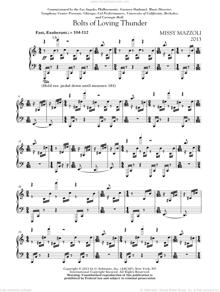 Bolts Of Loving Thunder sheet music for piano solo by Missy Mazzoli, classical score, intermediate skill level