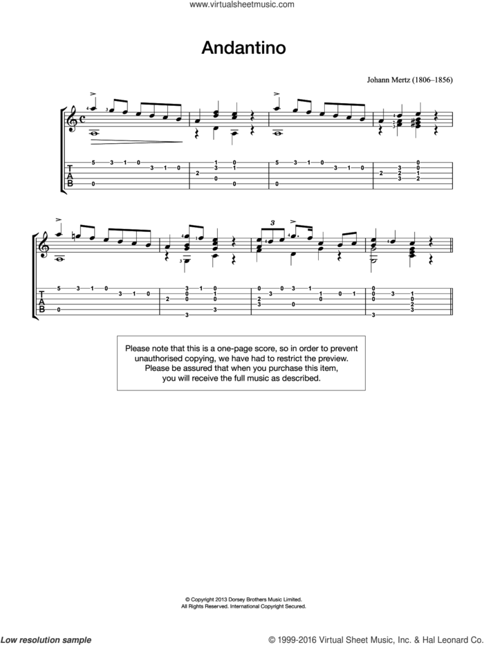 Andantino sheet music for guitar solo (chords) by Johann Kaspar Mertz, classical score, easy guitar (chords)