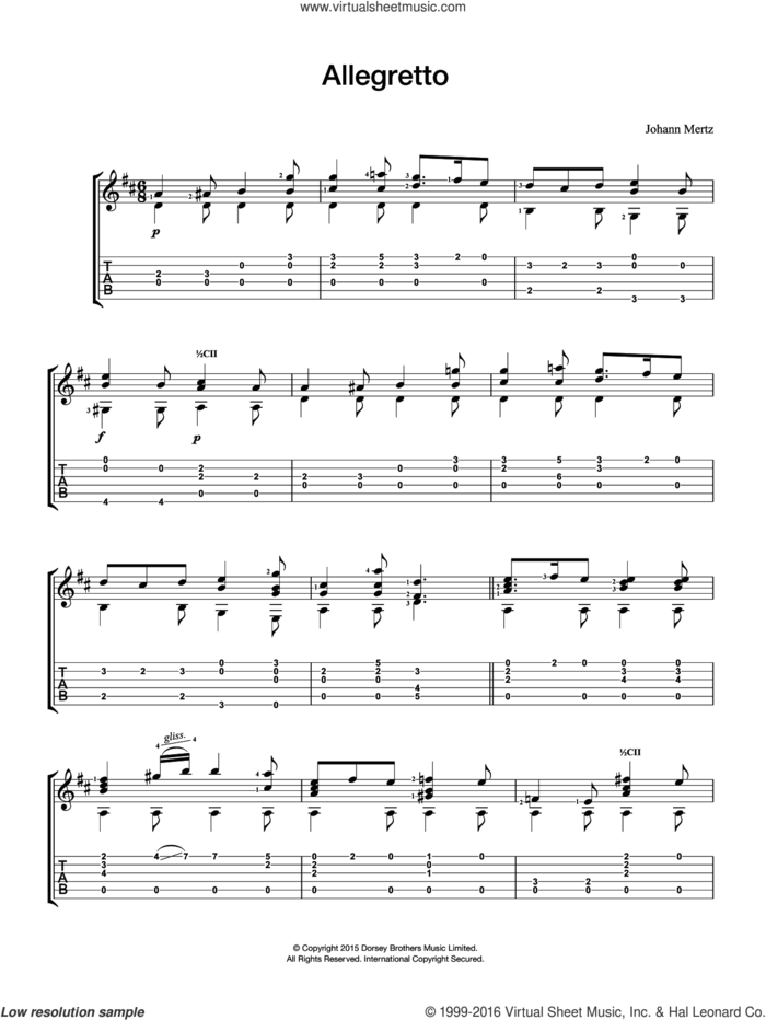 Allegretto sheet music for guitar solo (chords) by Johann Kaspar Mertz, classical score, easy guitar (chords)