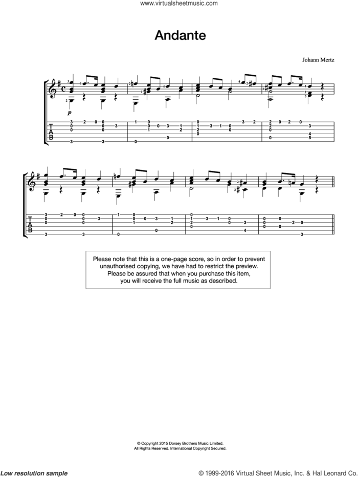 Andante sheet music for guitar solo (chords) by Johann Kaspar Mertz, classical score, easy guitar (chords)