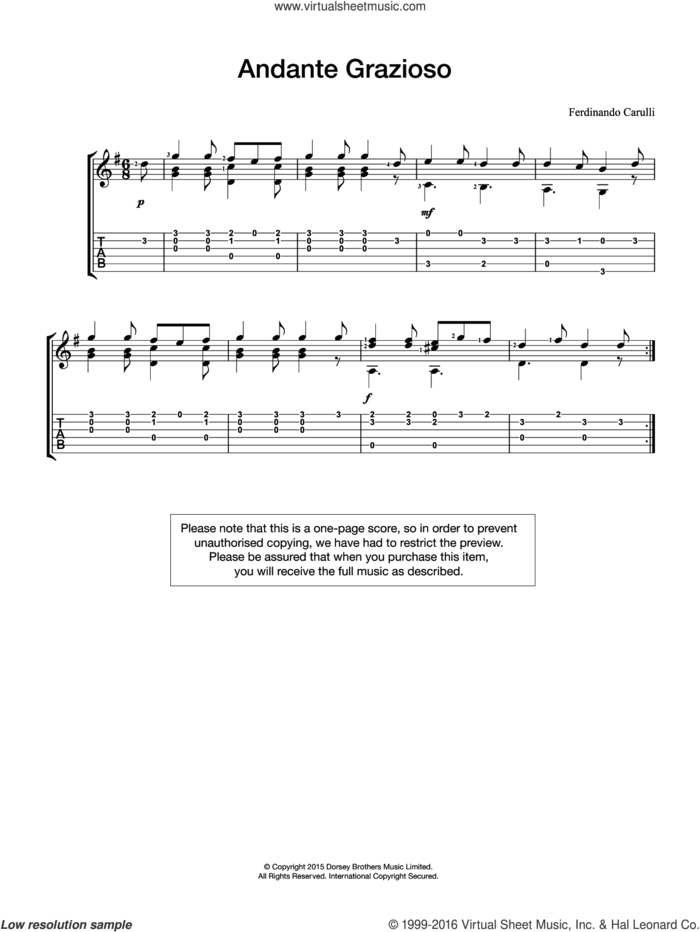 Andante Grazioso sheet music for guitar solo (chords) by Ferdinando Carulli, classical score, easy guitar (chords)