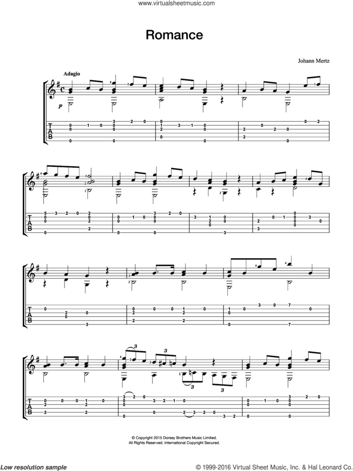 Romance sheet music for guitar solo (chords) by Johann Kaspar Mertz, classical score, easy guitar (chords)