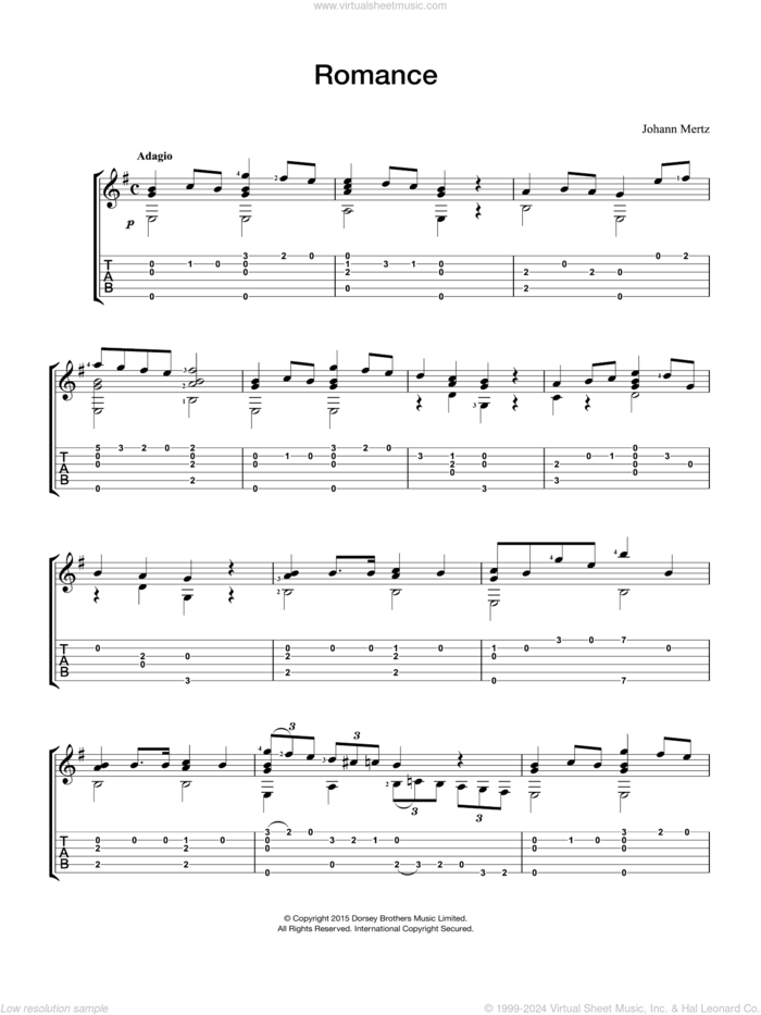 Romance sheet music for guitar solo (chords) by Johann Kaspar Mertz, classical score, easy guitar (chords)