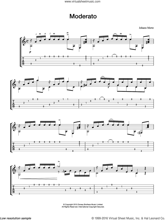 Moderato sheet music for guitar solo (chords) by Johann Kaspar Mertz, classical score, easy guitar (chords)