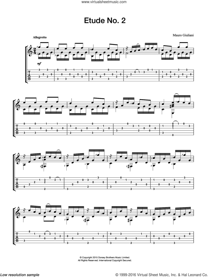 Etude No. 2 sheet music for guitar solo (chords) by Mauro Giuliani, classical score, easy guitar (chords)