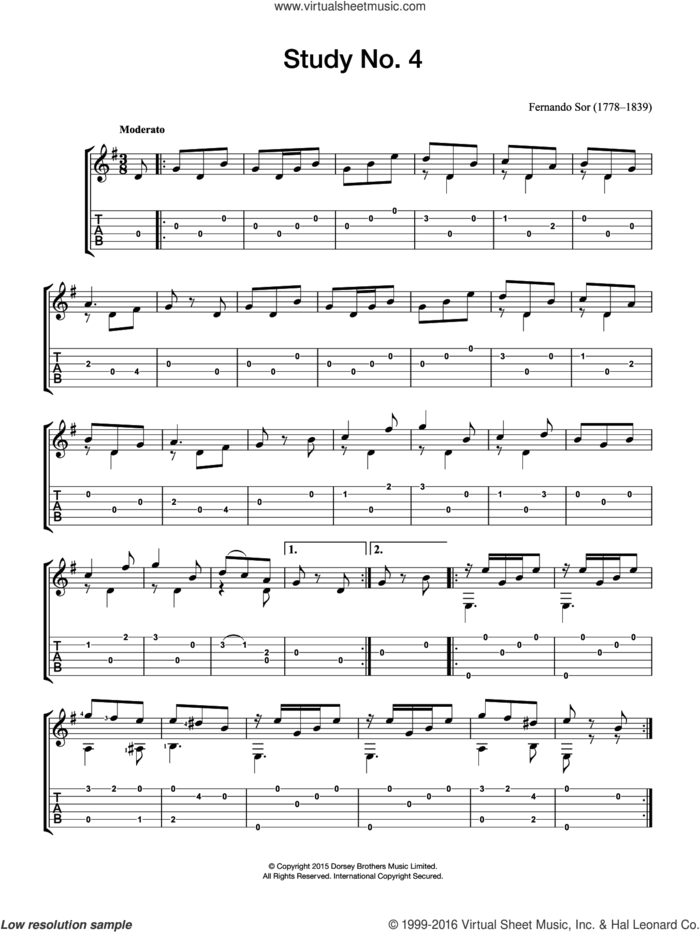 Study No. 4 sheet music for guitar solo (chords) by Fernando Sor, classical score, easy guitar (chords)