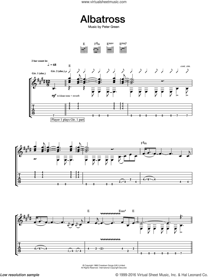 Albatross sheet music for guitar (tablature) by Fleetwood Mac, intermediate skill level