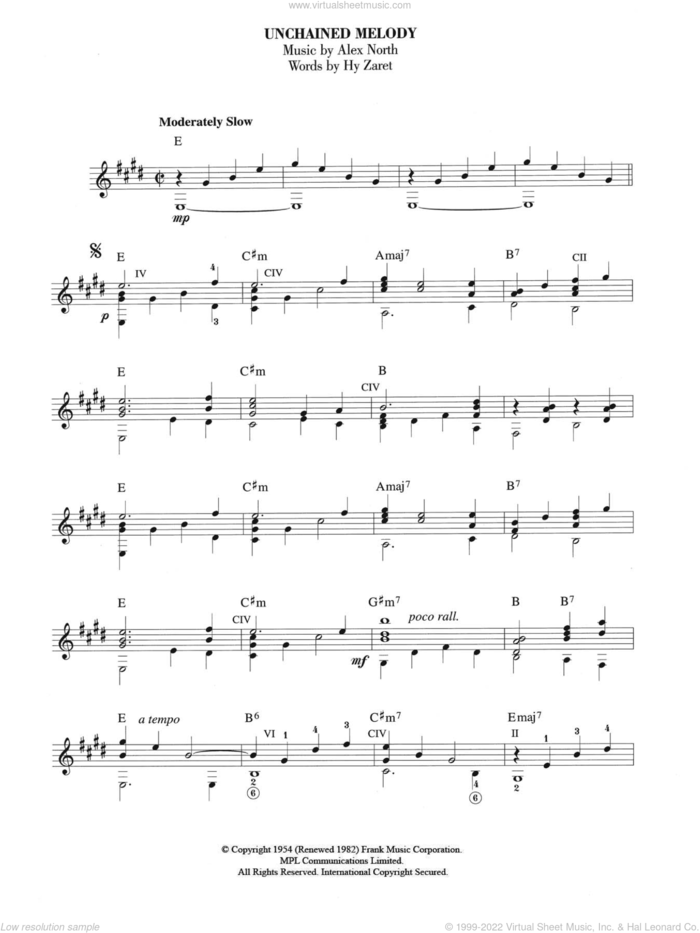 Unchained Melody sheet music for guitar solo (chords) by The Righteous Brothers, Zaret/North, Alex North and Hy Zaret, wedding score, easy guitar (chords)
