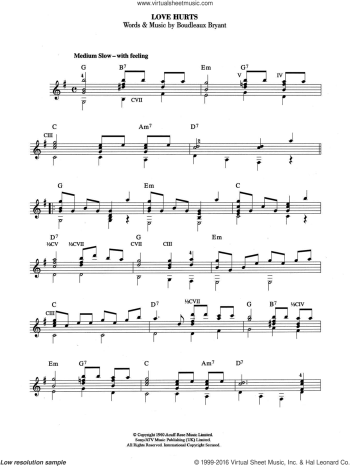 Love Hurts sheet music for guitar solo (chords) by The Everly Brothers, Nazareth and Boudleaux Bryant, easy guitar (chords)
