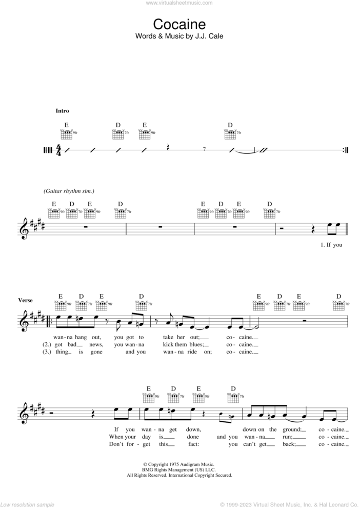 Cocaine sheet music for voice and other instruments (fake book) by Eric Clapton and John Cale, intermediate skill level