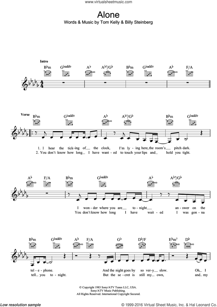 Alone sheet music for voice and other instruments (fake book) by Heart, Billy Steinberg and Tom Kelly, intermediate skill level