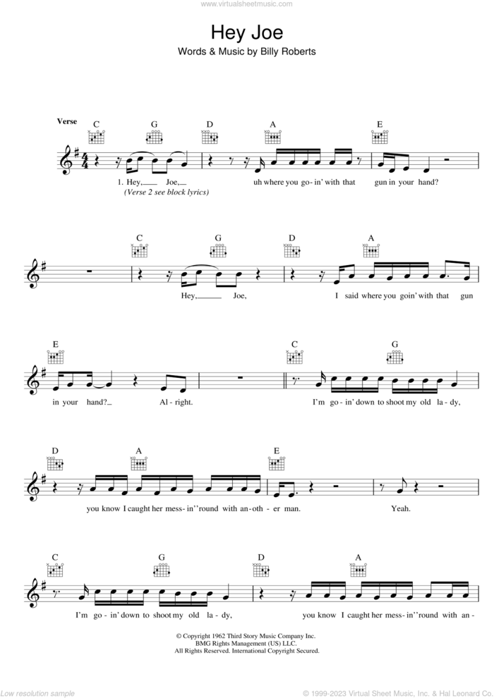 Hey Joe sheet music for voice and other instruments (fake book) by Jimi Hendrix and Billy Roberts, intermediate skill level