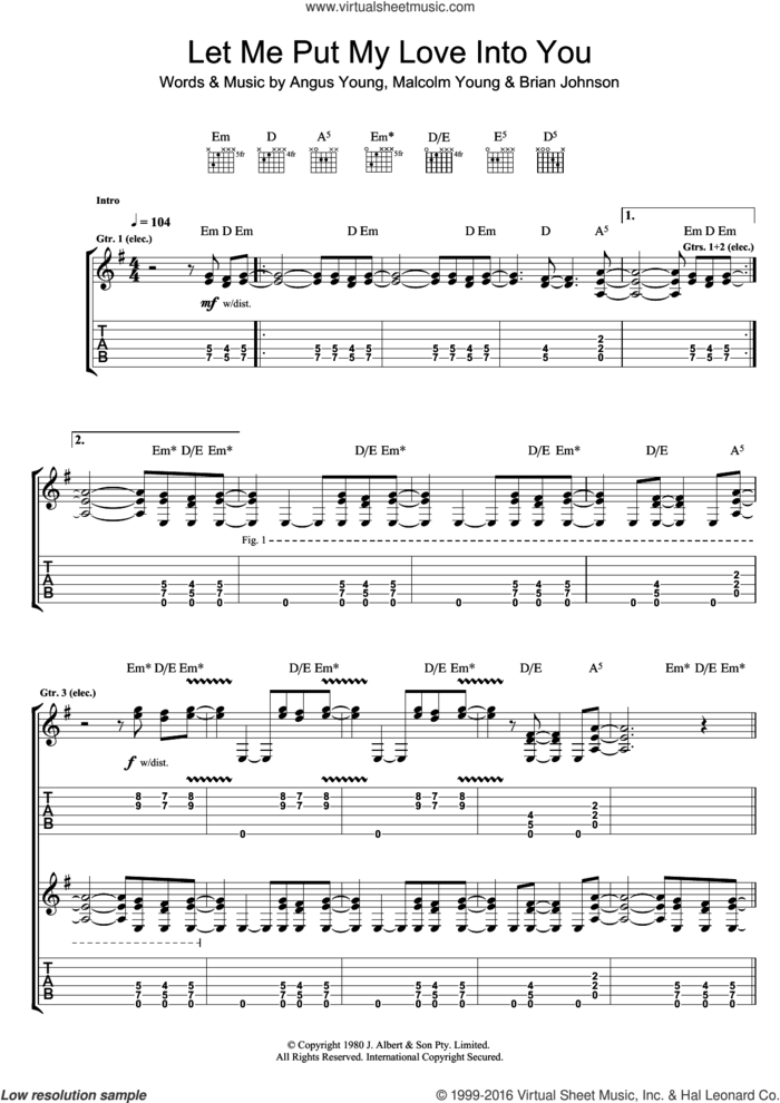 Let Me Put My Love Into You sheet music for guitar (tablature) by AC/DC, Angus Young, Brian Johnson and Malcolm Young, intermediate skill level