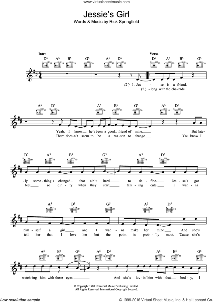 Jessie's Girl sheet music for voice and other instruments (fake book) by Rick Springfield, intermediate skill level