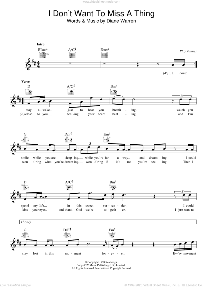 I Don't Want To Miss A Thing sheet music for voice and other instruments (fake book) by Aerosmith and Diane Warren, intermediate skill level