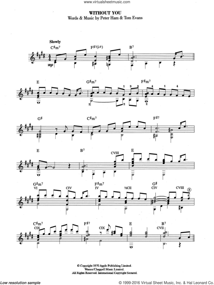 Without You sheet music for guitar solo (chords) by Badfinger, Pete Ham and Tom Evans, easy guitar (chords)