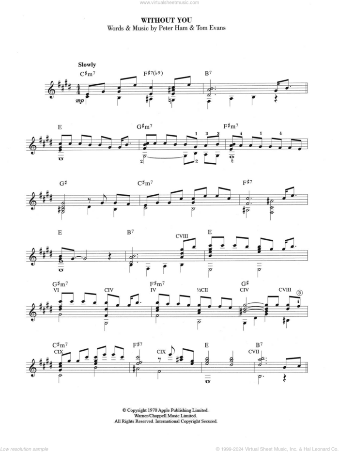 Without You sheet music for guitar solo (chords) by Badfinger, Pete Ham and Tom Evans, easy guitar (chords)