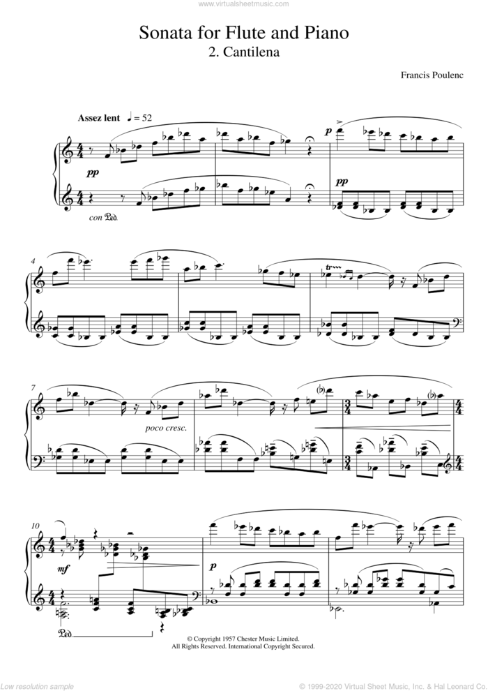 Sonata For Flute, 2nd Movement 'Cantilena: Assez Lent' sheet music for piano solo by Francis Poulenc, classical score, intermediate skill level