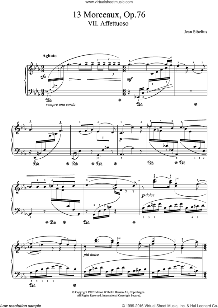 13 Morceaux, Op.76 - VII. Affettuoso sheet music for piano solo by Jean Sibelius, classical score, intermediate skill level