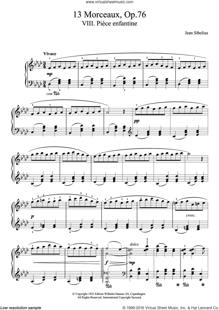 13 Morceaux, Op.76 - VIII. Piece Enfantine sheet music for piano solo by Jean Sibelius, classical score, intermediate skill level