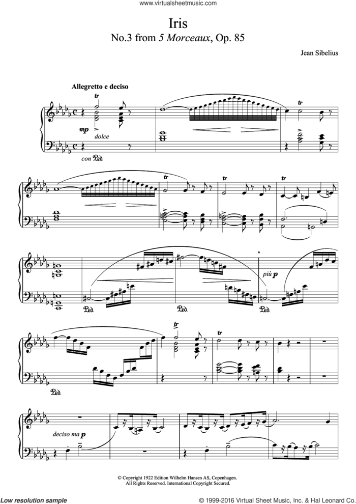 5 Morceaux, Op.85 - III. Iris sheet music for piano solo by Jean Sibelius, classical score, intermediate skill level