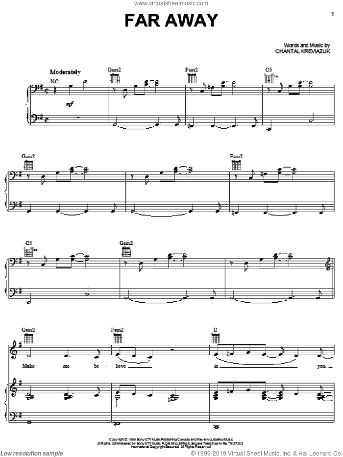 Far Away sheet music for voice, piano or guitar by Chantal Kreviazuk, intermediate skill level
