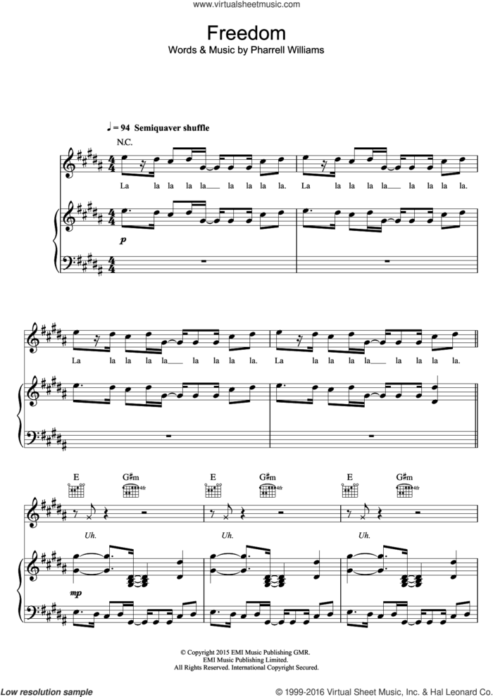 Freedom sheet music for voice, piano or guitar by Pharrell Williams, intermediate skill level