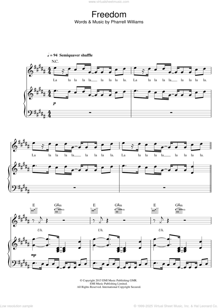 Freedom sheet music for voice, piano or guitar by Pharrell Williams, intermediate skill level