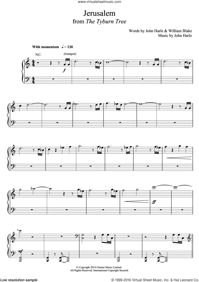 Jerusalem sheet music for voice, piano or guitar by John Harle & Marc Almond, John Harle and William Blake, classical score, intermediate skill level