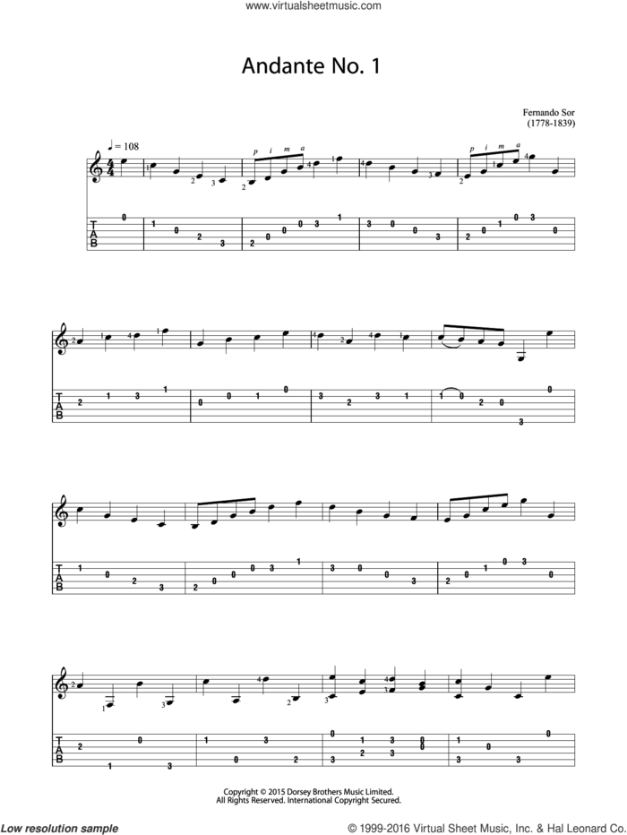 Andante No. 1 sheet music for guitar solo (chords) by Fernando Sor, classical score, easy guitar (chords)
