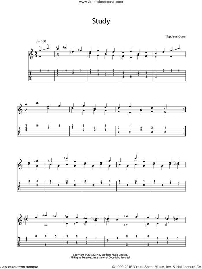 Study sheet music for guitar solo (chords) by Napoleon Coste, classical score, easy guitar (chords)