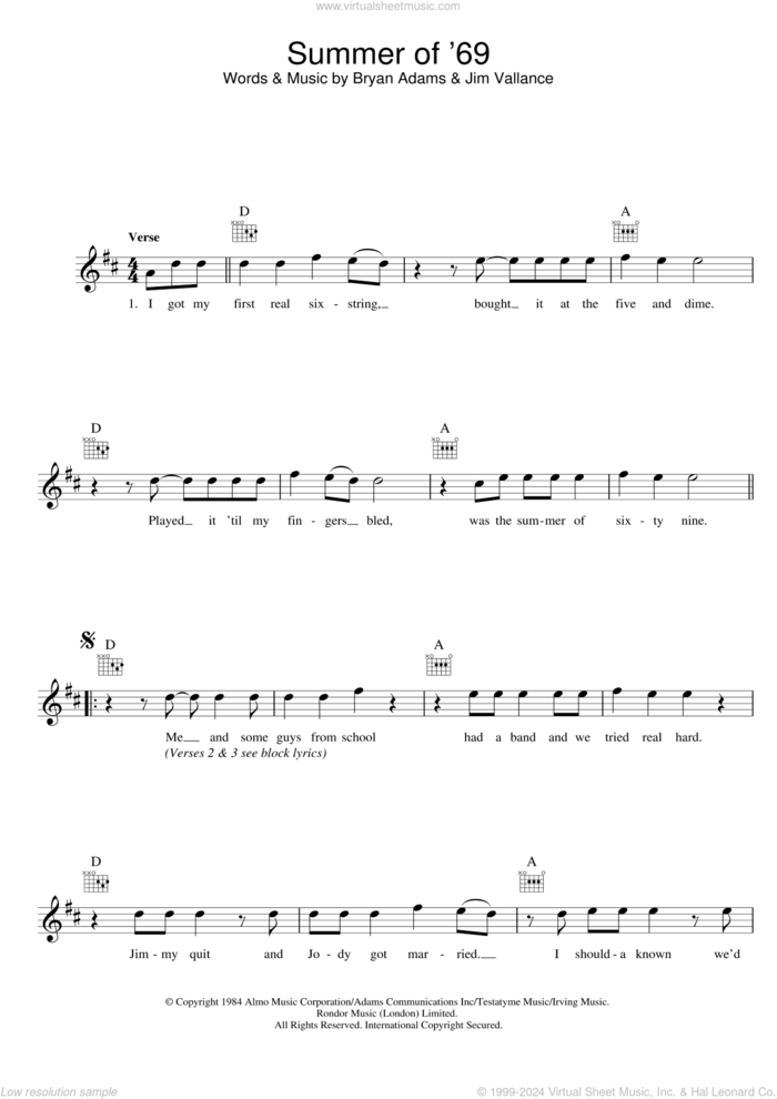 Summer Of '69 sheet music for voice and other instruments (fake book) by Bryan Adams and Jim Vallance, intermediate skill level
