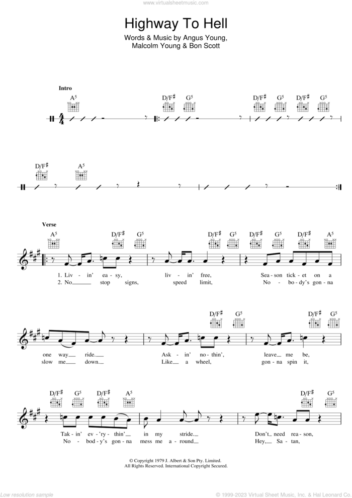 Highway To Hell sheet music for voice and other instruments (fake book) by AC/DC, Angus Young, Bon Scott and Malcolm Young, intermediate skill level