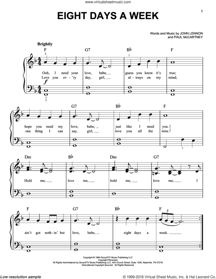 Eight Days A Week, (beginner) sheet music for piano solo by The Beatles, John Lennon and Paul McCartney, beginner skill level