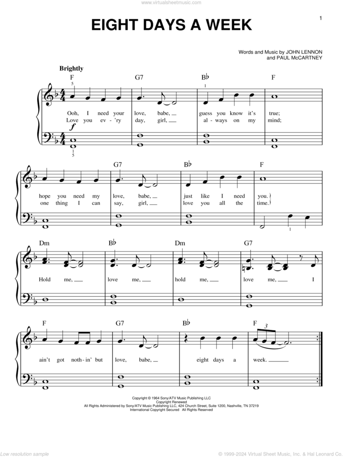 Eight Days A Week sheet music for piano solo by The Beatles, John Lennon and Paul McCartney, beginner skill level