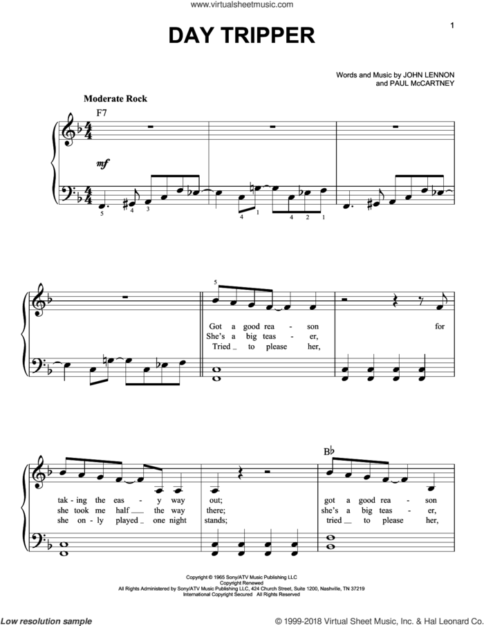 Day Tripper, (beginner) sheet music for piano solo by The Beatles, John Lennon and Paul McCartney, beginner skill level