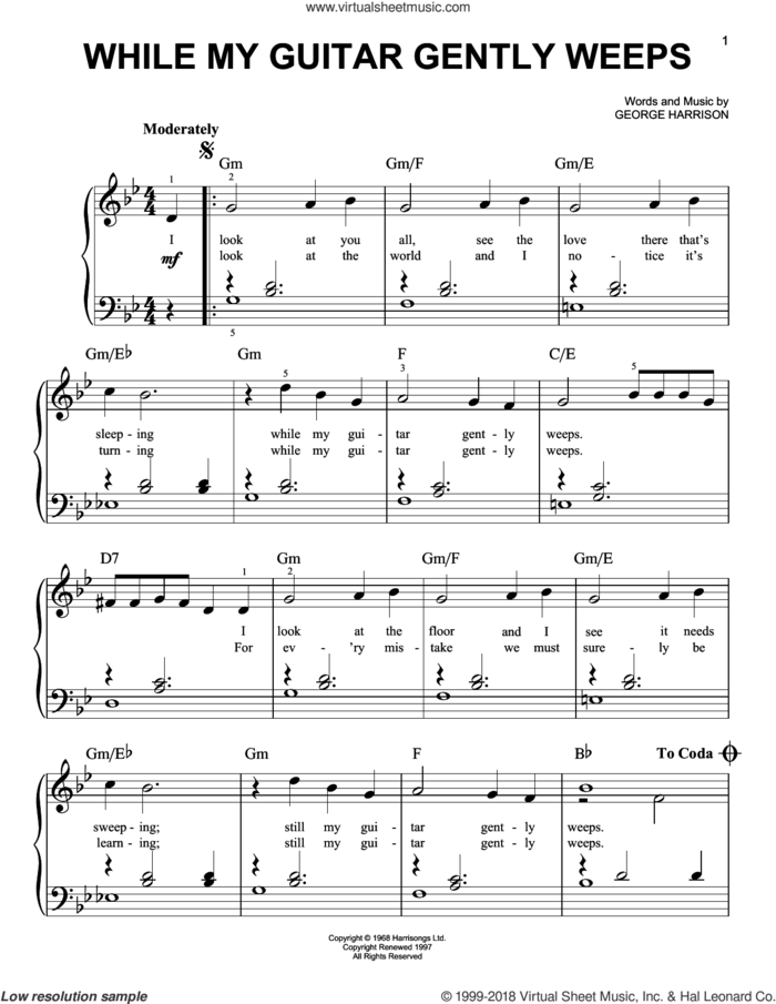 While My Guitar Gently Weeps, (beginner) sheet music for piano solo by The Beatles and George Harrison, beginner skill level