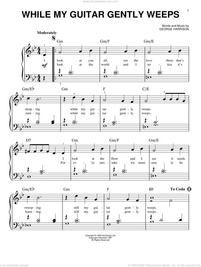 While My Guitar Gently Weeps, (beginner) sheet music for piano solo by The Beatles and George Harrison, beginner skill level