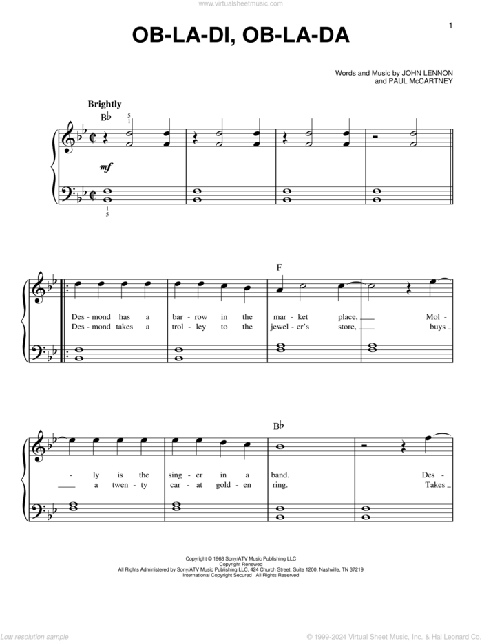 Ob-La-Di, Ob-La-Da, (beginner) sheet music for piano solo by The Beatles, John Lennon and Paul McCartney, beginner skill level