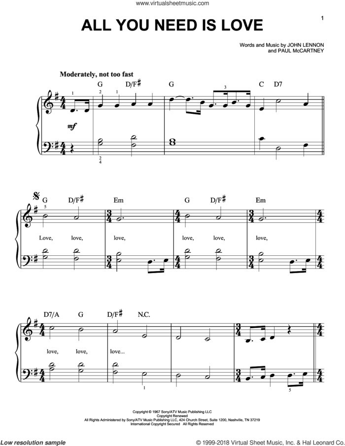 All You Need Is Love, (beginner) sheet music for piano solo by The Beatles, John Lennon and Paul McCartney, wedding score, beginner skill level