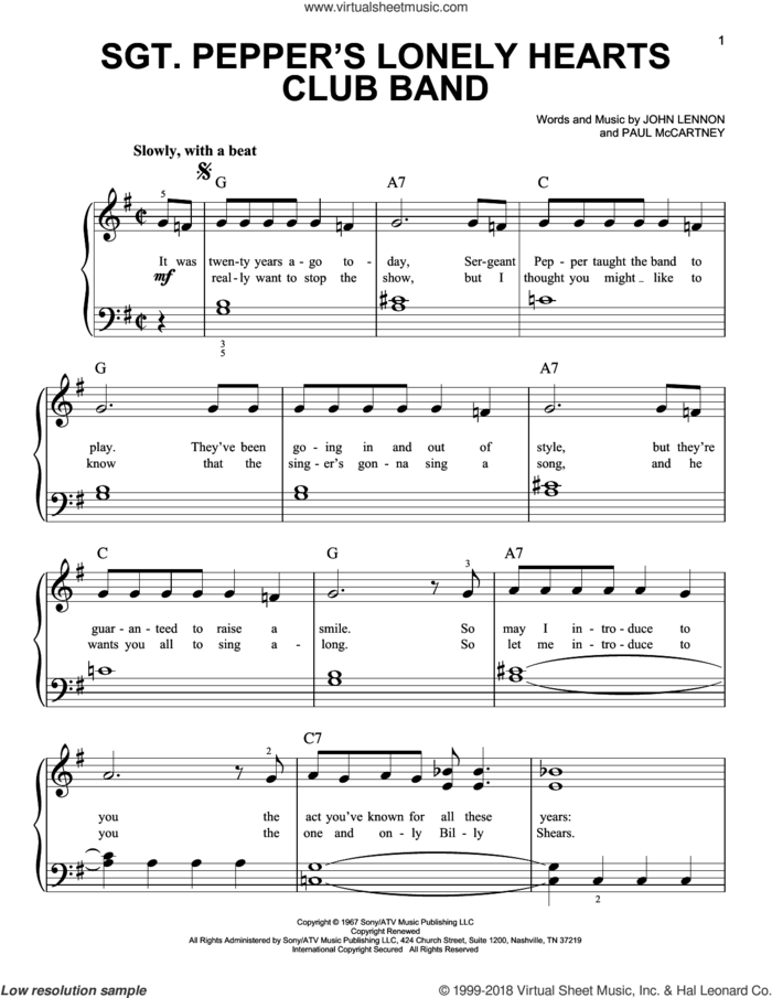 Sgt. Pepper's Lonely Hearts Club Band sheet music for piano solo by The Beatles, John Lennon and Paul McCartney, beginner skill level