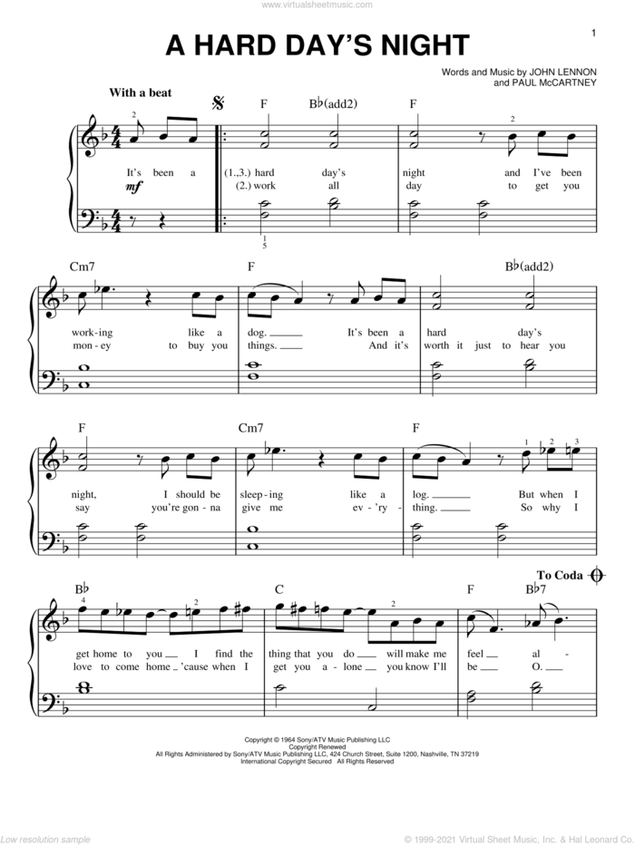 A Hard Day's Night sheet music for piano solo by The Beatles, John Lennon and Paul McCartney, beginner skill level