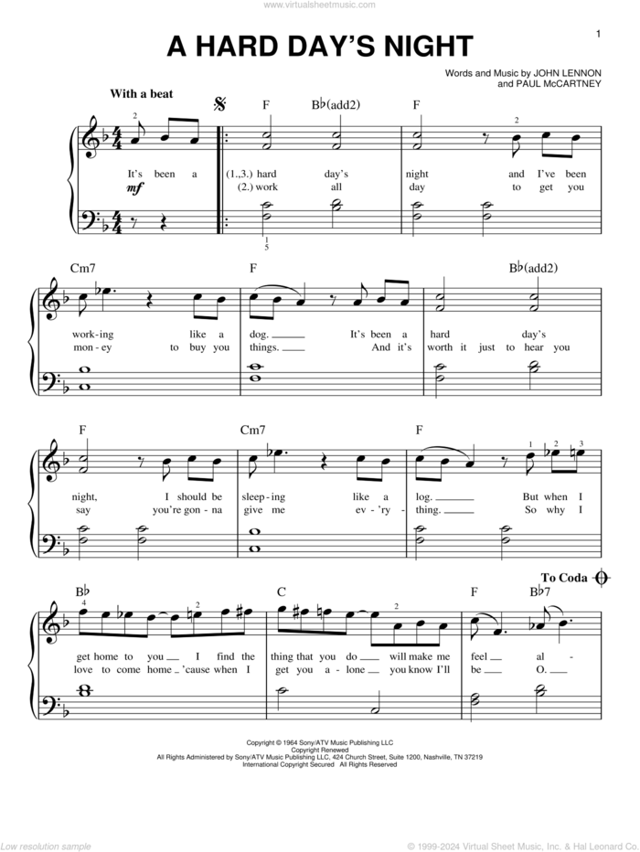 A Hard Day's Night sheet music for piano solo by The Beatles, John Lennon and Paul McCartney, beginner skill level