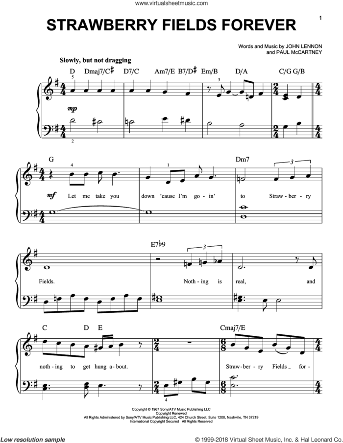 Strawberry Fields Forever, (beginner) sheet music for piano solo by The Beatles, John Lennon and Paul McCartney, beginner skill level