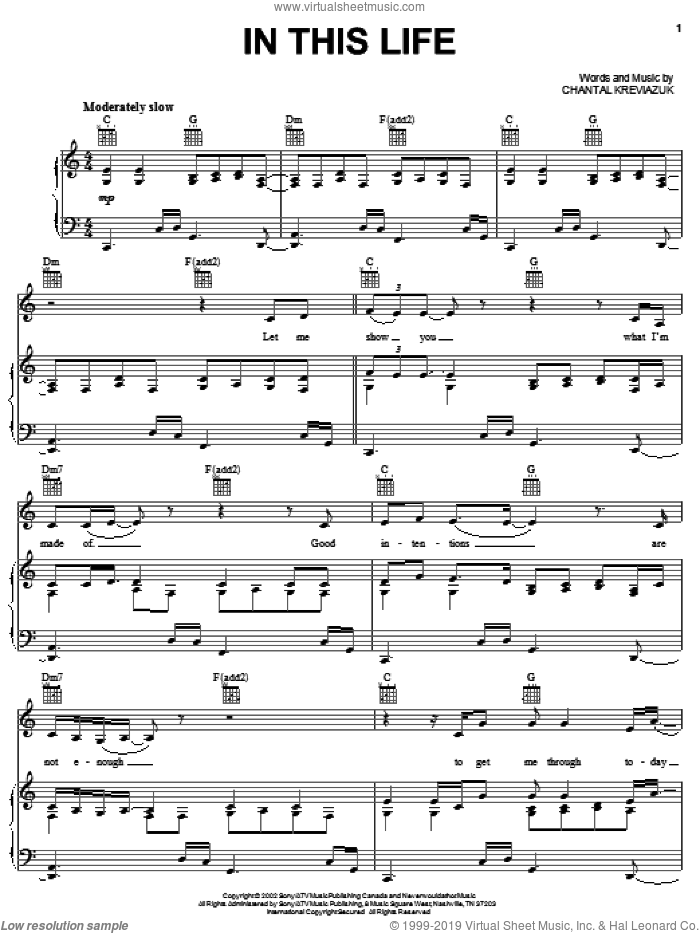 In This Life sheet music for voice, piano or guitar by Chantal Kreviazuk, intermediate skill level
