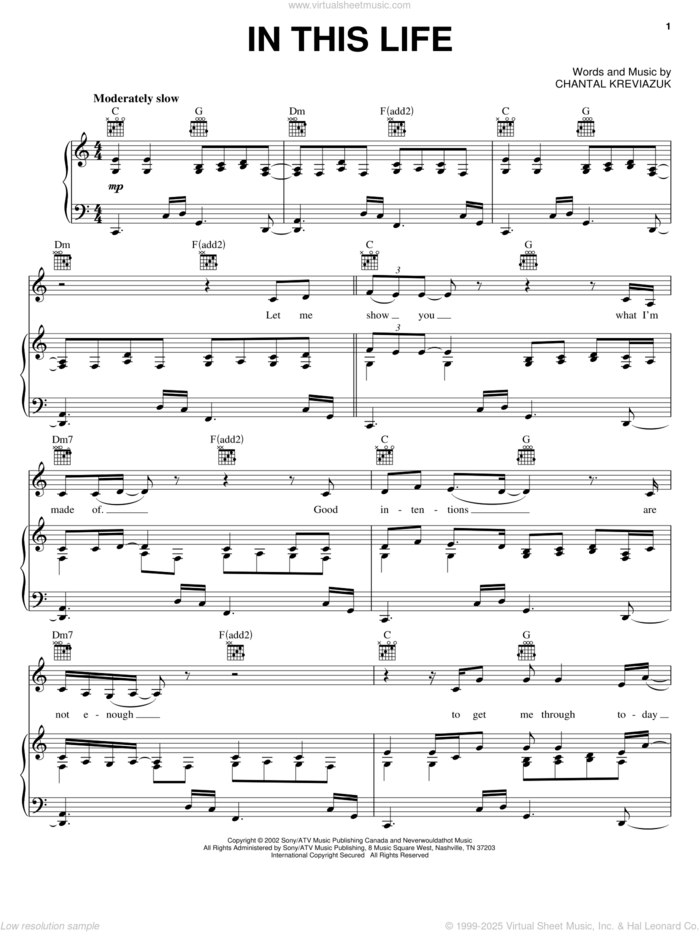 In This Life sheet music for voice, piano or guitar by Chantal Kreviazuk, intermediate skill level