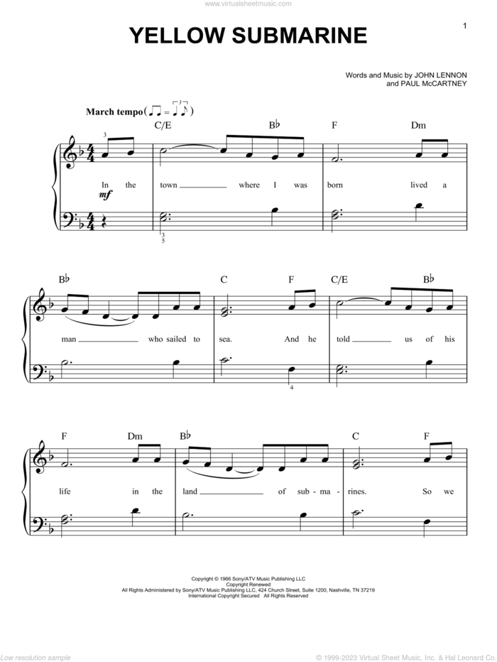 Yellow Submarine sheet music for piano solo by The Beatles, John Lennon and Paul McCartney, beginner skill level