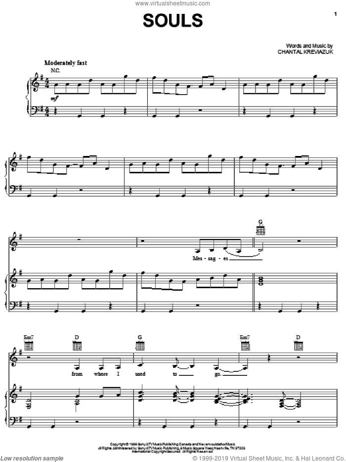 Souls sheet music for voice, piano or guitar by Chantal Kreviazuk, intermediate skill level