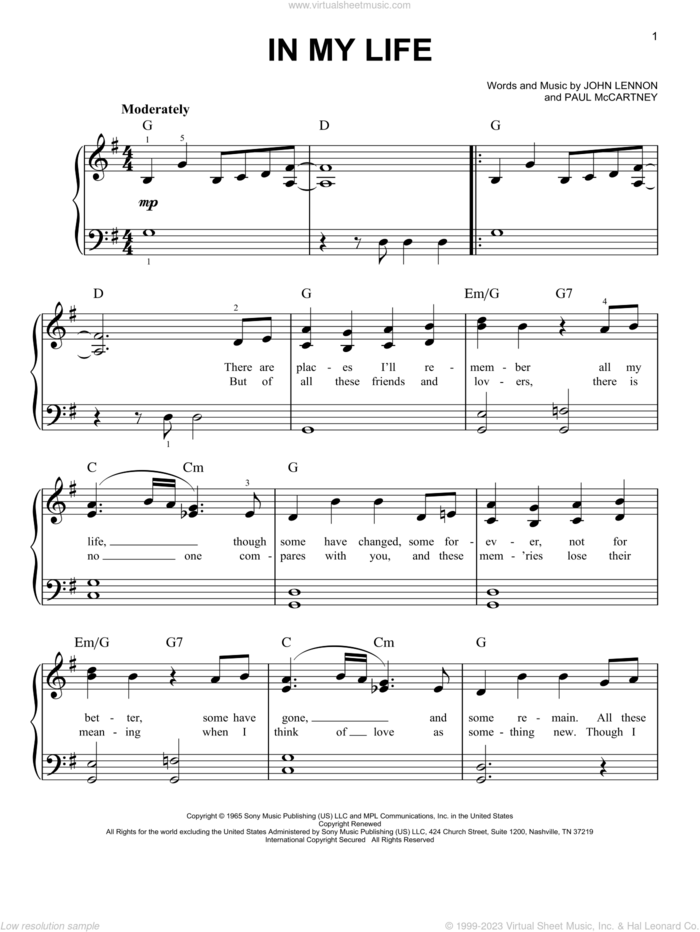 In My Life sheet music for piano solo by The Beatles, John Lennon and Paul McCartney, wedding score, beginner skill level